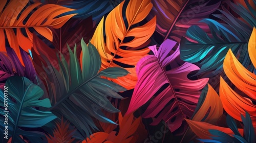 Tropical leaves background. Colorful Digital illustration  generative Ai