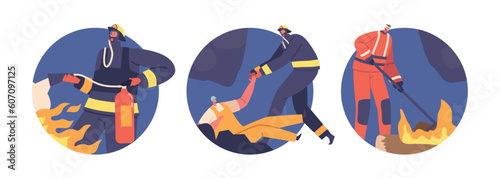 Isolated Round icons or Avatars with Rescuers and Firefighter Characters Saving Miners and Fight with Fire on Mine