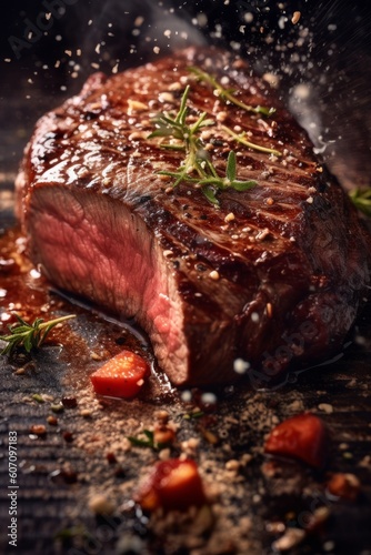 Grilled beef steak with spices and herbs on rustic wooden background, generative Ai