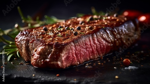 Grilled beef steak with rosemary and spices on a black background, generative Ai