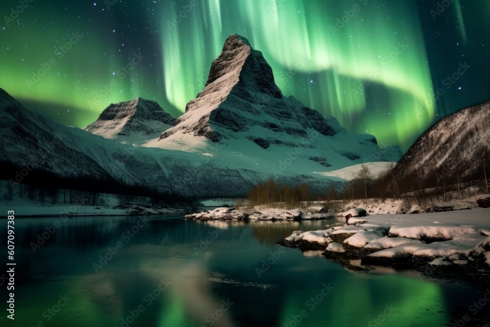 Aurora borealis and Kirkjufell mountain, Iceland, generative Ai