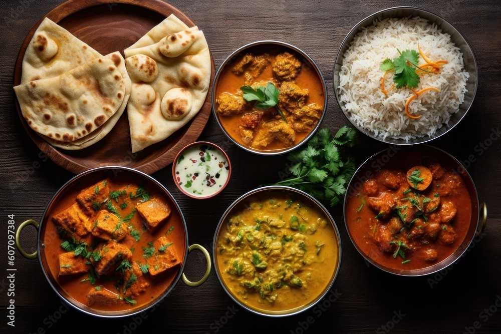 Assorted Indian food in group includes Chicken tikka masala, Dal Makhana, Palak Paneer, Dal Makhana, Palak Paneer, Aloo Paneer, Palak Paneer, Palak Paneer, generative Ai Assorted Indian food in group includes Chicken tikka masala, Dal Makhana, Palak Paneer, Dal Makhana, Palak Paneer, Aloo Paneer, Palak Paneer, Palak Paneer, generative Ai