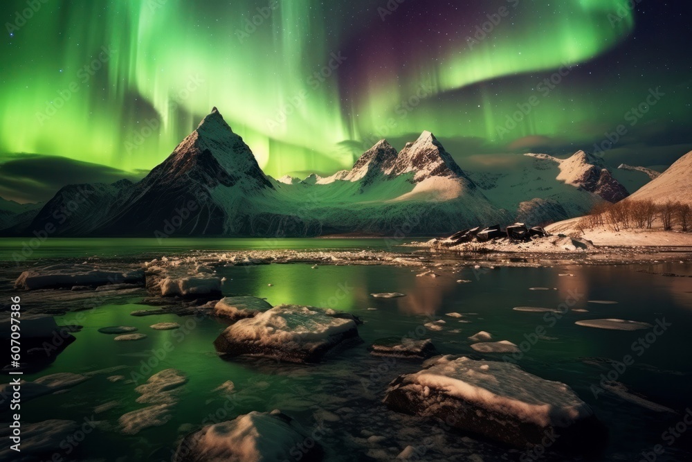 Aurora borealis, northern lights over snowy mountains in Iceland, generative Ai