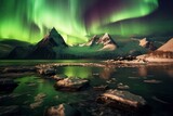 Aurora borealis, northern lights over snowy mountains in Iceland, generative Ai