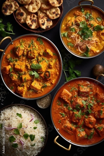 Variety of Indian dishes including chicken tikka masala, paneer butter curry, paneer butter curry, chana masala, gathiya and rice, generative Ai