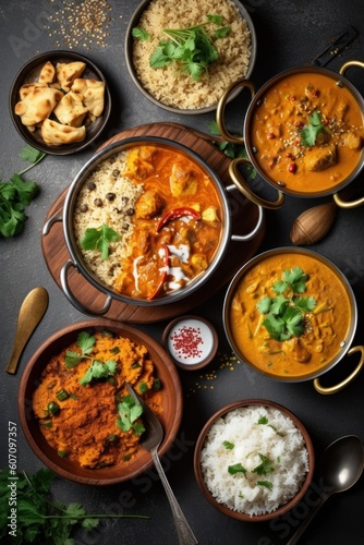 Indian cuisine. Assortment of different soups in bowls, top view, generative Ai