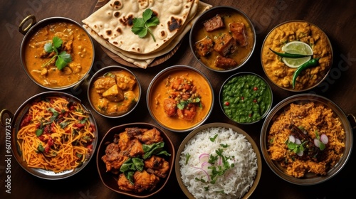 Group of Indian food includes Chicken Masala, Dal Makhani, Paneer Butter Masala, Palak Paneer, Dal Makhani, Palak Paneer, Dal Makhani, Palak Paneer etc, generative Ai