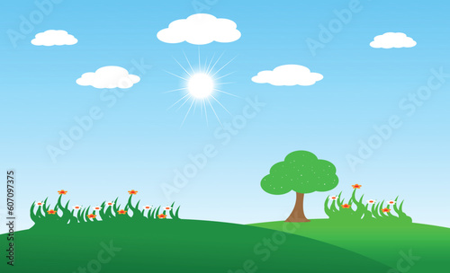 Nature landscape vector illustration with cartoon style. Beautiful spring landscape cartoon with green grass and flowers, blue sky