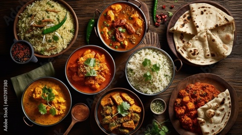 Indian food in group includes Chicken tikka masala, Dal Makhani, Palak Paneer, Gajar Mantar, Palak Paneer, Rice etc, generative Ai