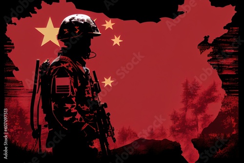 silhouette of a china army with china flag background