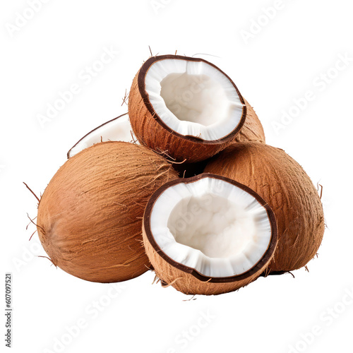 Coconut fruit pile isolated on transparent background, Half coconut drupe and seed PNG, Generative AI