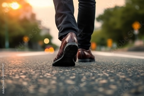 Businessman walking on the road in the evening. Close up of male legs in black leather shoes walking on the road, generative Ai © Angus.YW