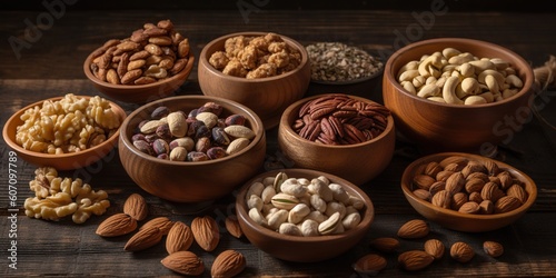 An assortment of various nuts and seeds, displayed in small bowls on a wooden surface, concept of Healthy snacking, created with Generative AI technology