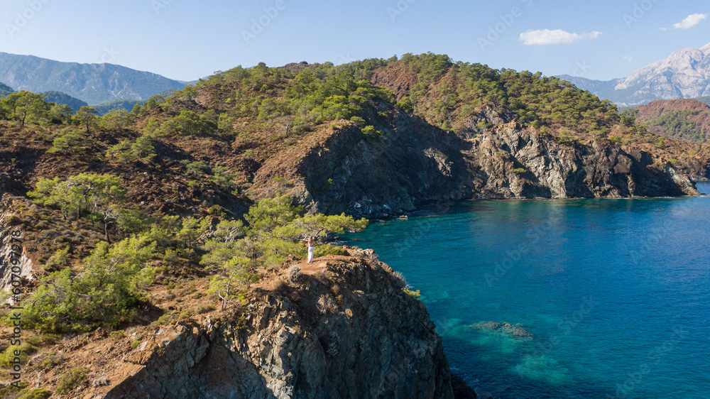 View of Olympos - Chiraly beach and Mediterranean Sea on sunny summer day. Turkey.