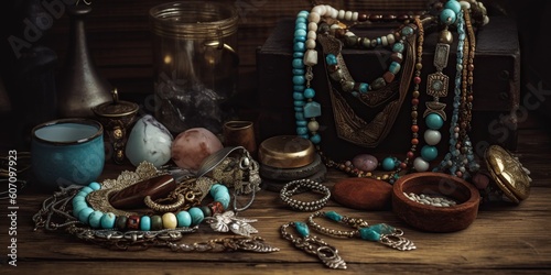 An assortment of unique, handcrafted jewelry pieces displayed on a rustic wooden background, concept of Artisanal craftsmanship, created with Generative AI technology