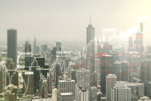 Multi exposure of virtual creative financial chart hologram on Chicago skyscrapers background  research and analytics concept