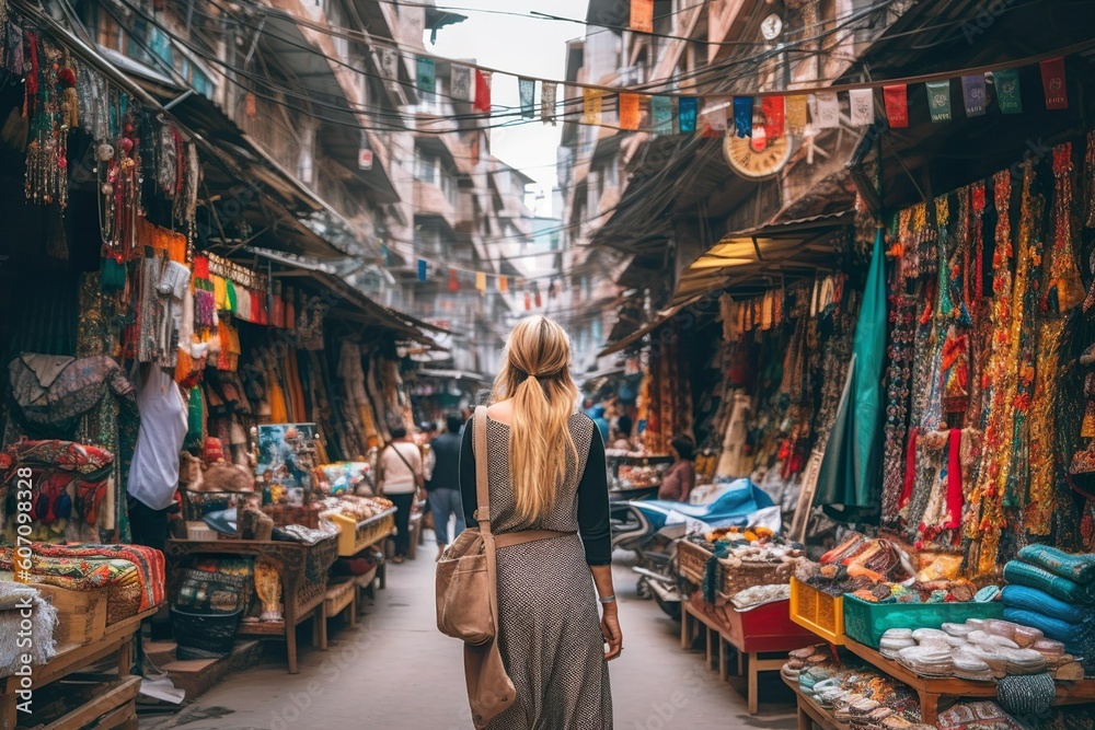 Woman tourist walking in authentic local market, street bazaar. Generative AI Woman tourist walking in authentic local market, street bazaar. Generative AI