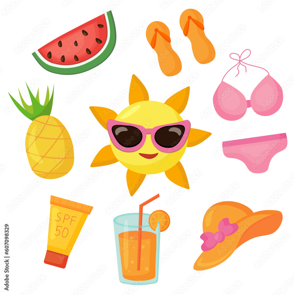 Vector collection of summer stickers. Sun in sunglasses, cream spf. Watermelon, pineapple. Pink bikini swimsuit with hat and flip flops. Orange cocktail with a straw. Vector collection of summer stickers. Sun in sunglasses, cream spf. Watermelon, pineapple. Pink bikini swimsuit with hat and flip flops. Orange cocktail with a straw.