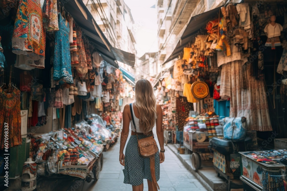 Woman tourist back view walking in aisle of authentic local market. Generative AI
