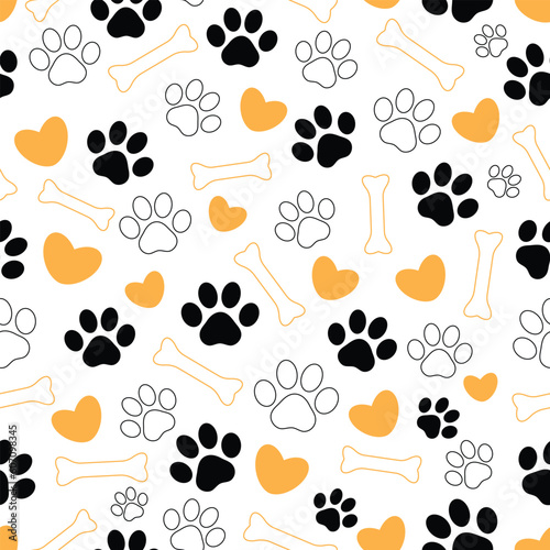 Seamless pattern with dogs paws, pet steps, bone and heart, footprint
