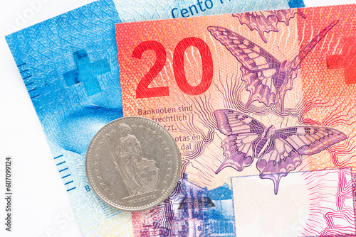 swiss francs currency coins and banknotes close-up