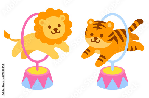 Cute  cartoon circus tiger and lion jumping through hoops