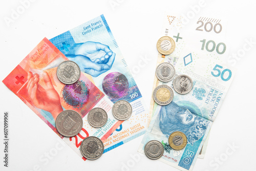 polish zloty currency and swiss francs currency coins and banknotes
