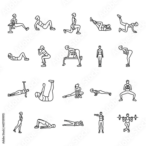 Woman fitness black line icons set. Pictograms for web page