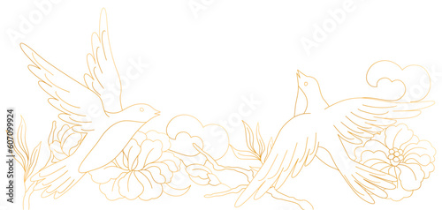 Oriental birds and flowers illustration. Chinese and japanese traditional background.