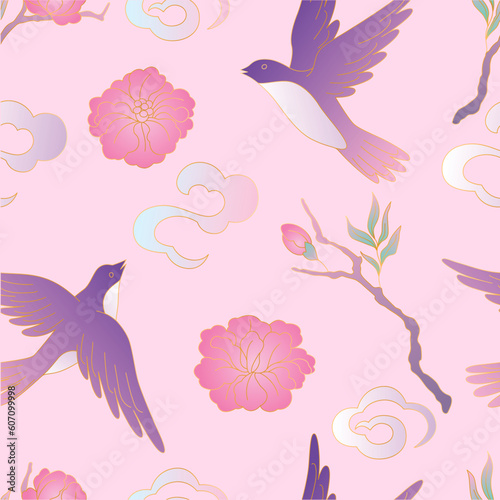 Oriental birds and flowers pattern. Chinese and japanese traditional background.