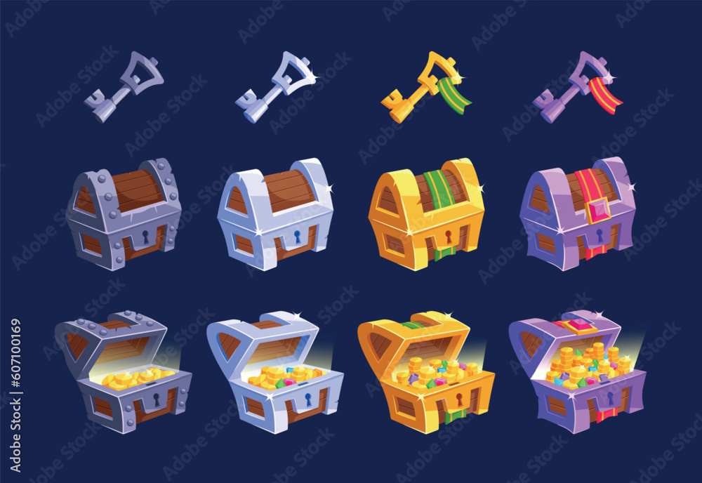 © Sergii Pavlovskyi - Game Assets Featuring A Set Of Chests And Keys. Iron, Silver, Golden Or Platinum Trunks With Gold And Gemstones Ui