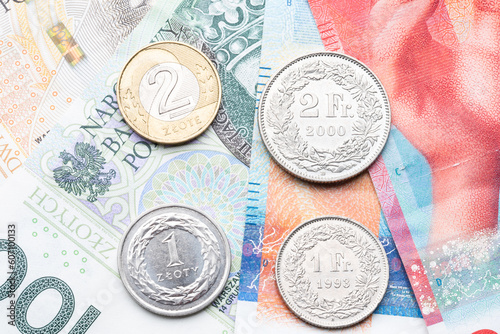 polish zloty currency and swiss francs currency coins and banknotes