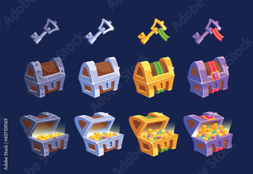Game Assets Featuring A Set Of Chests And Keys. Iron, Silver, Golden Or Platinum Trunks With Gold And Gemstones Ui