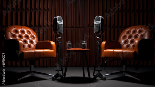 Podcast live or interview room with two chairs and microphones isolated on dark background. Generative AI. Digital Art Illustration
