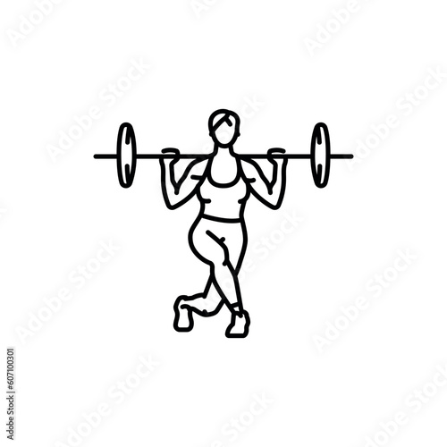 Girl doing squats with barbell black line icon.