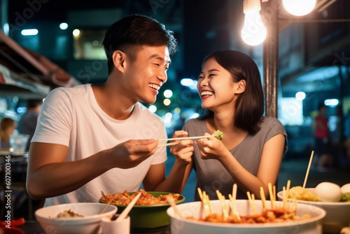 Candid image of a joyful Asian couple on a date, laughing and enjoying street food in the city nightlife, generative ai photo