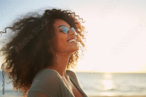 Fotografiet Blissful woman on a beach vacation, smiling broadly with joy and gratitude, embo