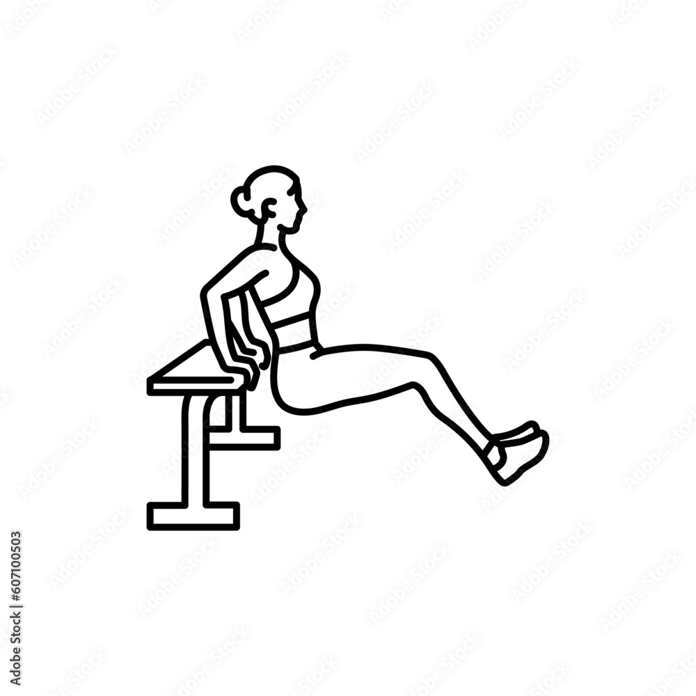 Woman doing reverse push ups using bench black line icon. Woman doing reverse push ups using bench black line icon.