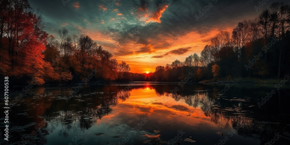 A vibrant sunset reflecting over a serene lake, surrounded by trees, concept of Nature's splendor, created with Generative AI technology A vibrant sunset reflecting over a serene lake, surrounded by trees, concept of Nature's splendor, created with Generative AI technology