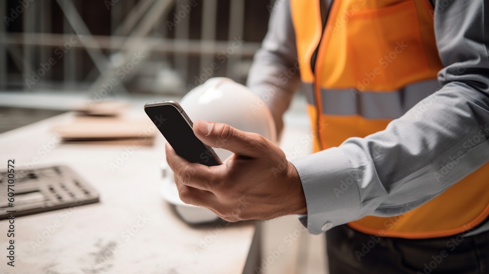 Fototapeta premium Engineer using mobile phone, smartphone at construction site Generative AI