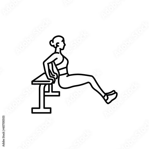 Woman doing reverse push ups using bench black line icon.