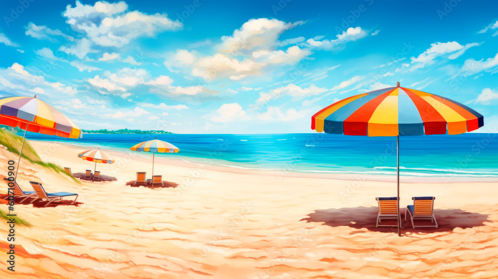 Beach, beach with umbrellas and sun loungers, Generative AI