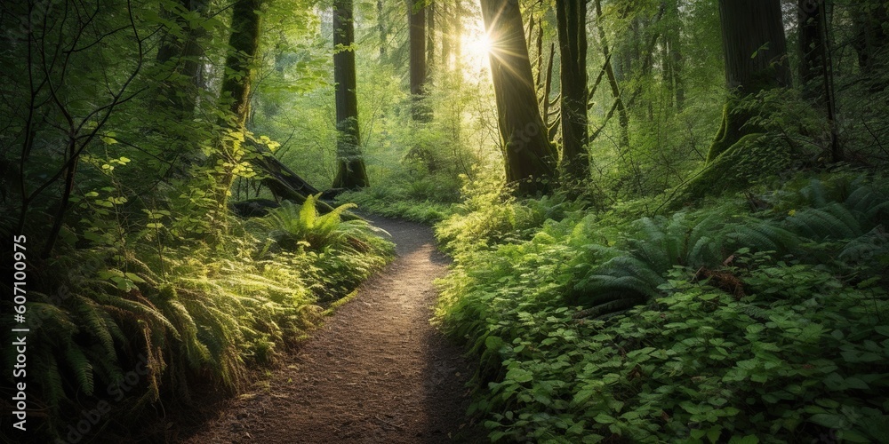 A winding path through a lush, green forest with sunlight filtering through the leaves, concept of Natural serenity, created with Generative AI technology A winding path through a lush, green forest with sunlight filtering through the leaves, concept of Natural serenity, created with Generative AI technology