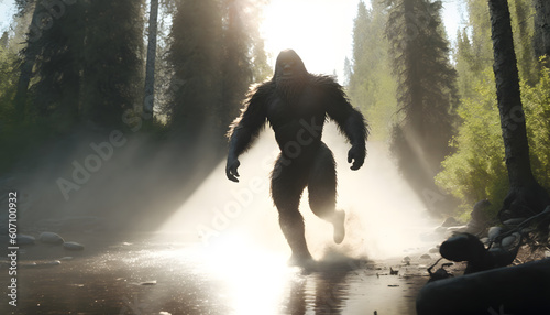 Mysterious creature bigfoot in middle of summer forest with sun light. Generation AI