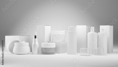 Jars, bottles and tubes for cosmetics on a grey background. Packaging for cream, gel, serum, advertising and product promotion. Realistic 3d render.