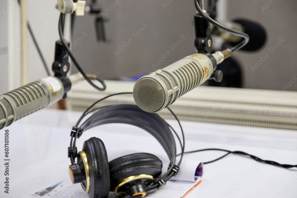 Microphones for radio station announcers, two microphones and earpieces for announcers Microphones for radio station announcers, two microphones and earpieces for announcers