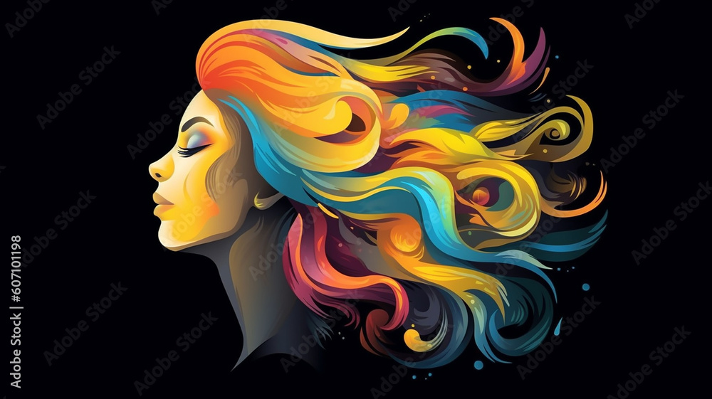 abstract female face with colorful long hair on black background. Generative AI abstract female face with colorful long hair on black background. Generative AI
