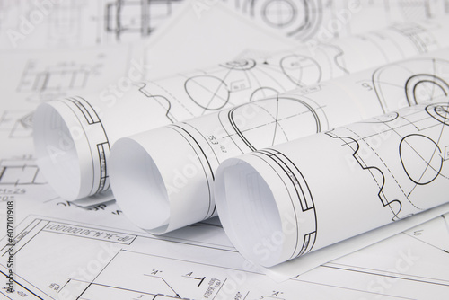 engineering drawings of industrial parts and mechanism