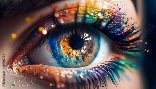 Closeup macro female eye with colorful holi make up. Beautiful fashion with creative art makeup. Generation AI