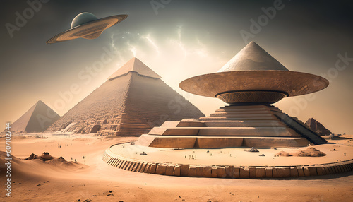 Egyptian pyramids as landing and takeoff platform for UFO. Concept Egypt and Aliens. Generation AI
